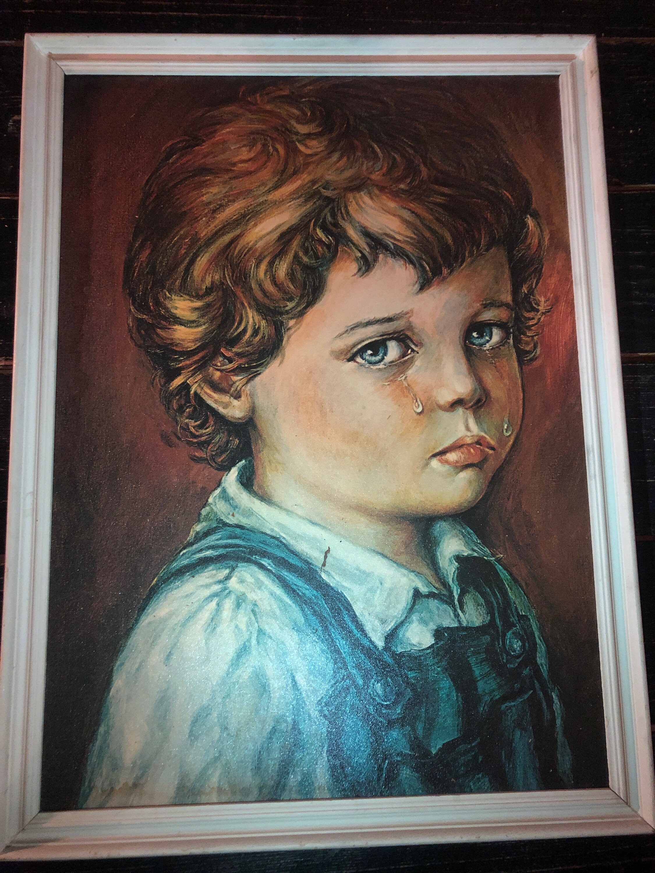 Vintage Kitsch BIG Mirko Basaldella (zoals Bragolin) huilende jongen Tranen 50's midden eeuw zigeunerkunst print retro kitsch schilderij