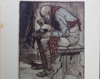 Fabuloso Arthur Rackham - Primera edición impresa - Cuentos de hadas de los hermanos Grimm 1909 - Hombre comiendo de un cuenco de madera
