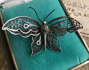 Fabulous Distressed Vintage Sterling Silver Filigree Brooch - Butterfly