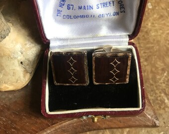 Fabuloso par vintage oro tono gemelos cufflinks cuff links - marrón & oro