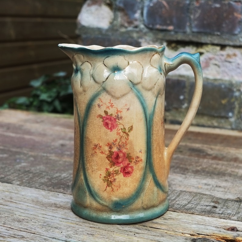 Distressed Antique Ceramic Jug Rambling Roses Floral and Etsy