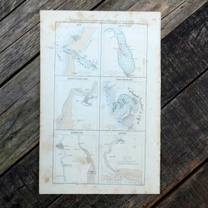 May include: A vintage map of ports and harbours on the west coast of Scotland. The map is divided into six sections, each showing a different location. The map is printed on cream-coloured paper with blue and brown ink.
