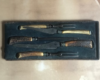 19th Century 5 Piece Antler Handle Carving Set 2 x Knife, 2 x Serving Fork, Sharpening Steel - Bristol Goldsmiths Alliance