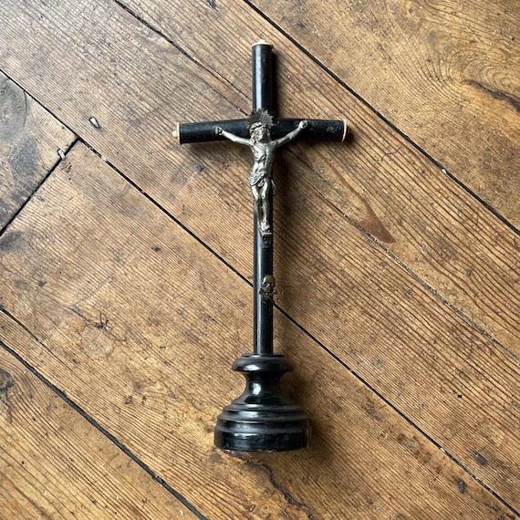 Antique French Metal & Wood Standing Crucifix