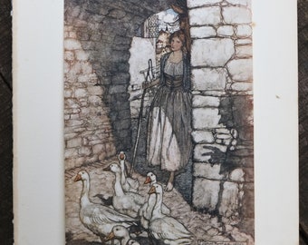 Fabuleux Arthur Rackham First Edition Print - Grimm's Fairy Tales 1909 - Oie, oies, bergère