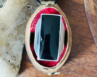 Könnte beinhalten: Ein schwarzer Onyxring mit einem silbernen Band, präsentiert in einer roten Samtringbox.
