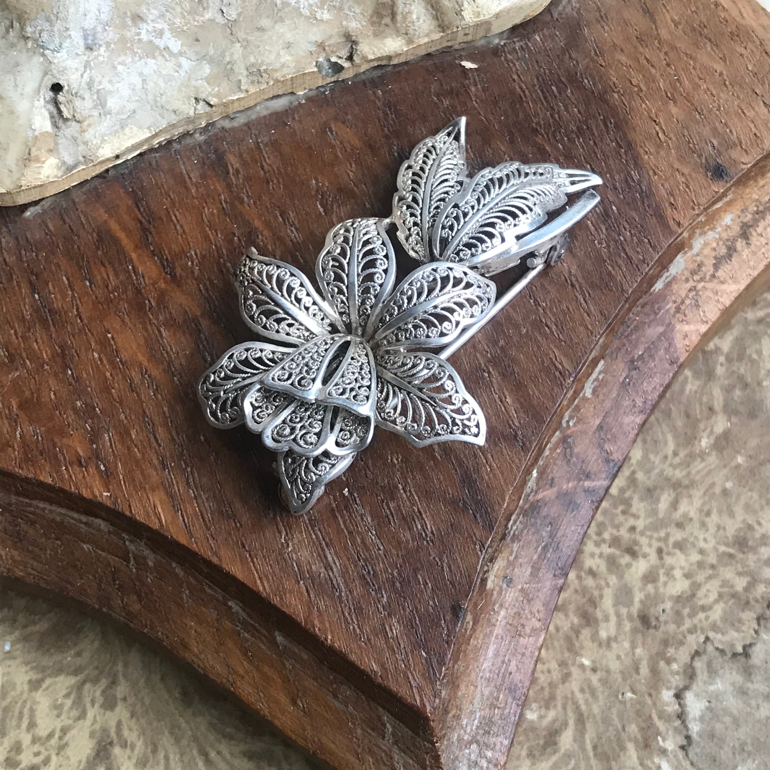 Vintage Sterling Silver Filigree Brooch Flower Stem Etsy