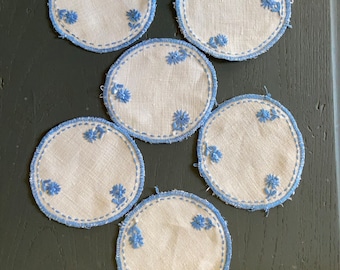 6 sous verres en tissu brodé main vintage