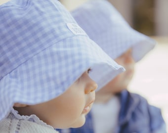 Handmade hat in blue Gingham and Oeko-Tex® cotton for babies and children