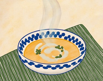 Kulinarische Illustration einer Kürbissuppe, Herbstliches Wandposter für die Küche