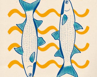 Kunstdruck mit mediterranen Fischen, moderne Küstenküchendekoration, Strandhaus-Poster