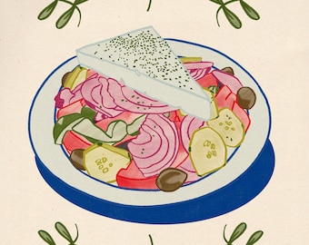 Griechischer Salat Kunstdruck, Illustration mediterraner Küche, Küchenwandbild