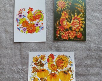 3 postcards - ROOSTERS  set
