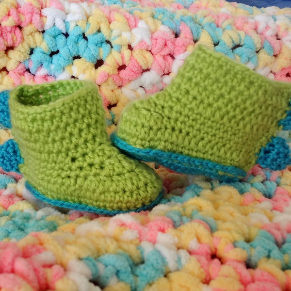 Dino Stomp- Crochet Baby Booties/Crib shoes. Green and Blue