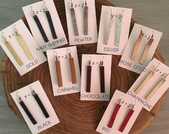 leather earrings - bars, genuine leather, lightweight, multiple colors / metallics / gold / silver / rose / browns / black / red earrings