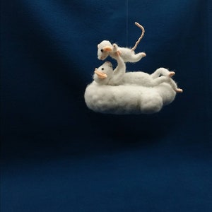 White mouse in felted carded wool, cloud to hang deco.