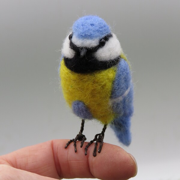 Mésange bleue  en  laine feutrée oiseau de nos jardins.