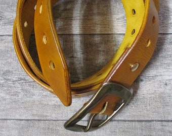 Belt, UNIQUE, size 115, 40 mm wide, made of leather, yellow-brown saffron yellow honey-coloured - perforated, with brass-coloured buckle