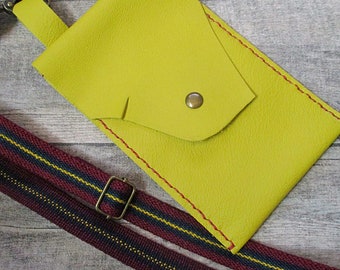 Mobile phone case Crossbag Yellow leather belt bag with magnetic closure and adjustable strap
