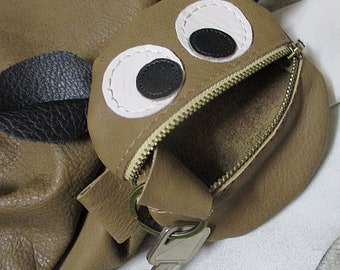 Key bag Key case monster, made of leather, with key ring, with ears, brown-white-black - great gift idea for birthday!