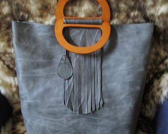 Handbag Tote Hippie Bag Fringed Bag Handbag Leather bag grey-brown with wooden handles and magnetic closure
