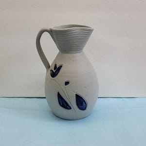 Vintage Williamsburg Pottery Salt Glazed Pitcher, Cobalt Blue Floral Stoneware Jug