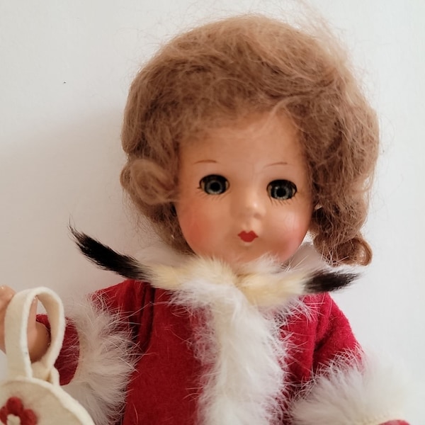 Doll 1930's Composition, Untagged 13" Girl Doll, Well Strung, Straight Leg Walker, Mohair Wig Orig Set, Red Felt Coat trimmed White Faux Fur