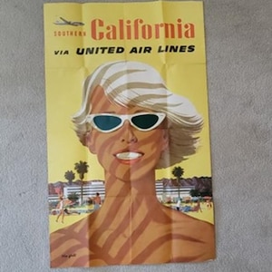 Póster de Stan Galli del sur de California de los años 50, póster original de United Airlines del sur de California, póster de Stan Galli rubio con gafas de sol.