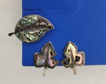 Mexico Silver Albalone Shell 1940's Leaf Pin and Earrings