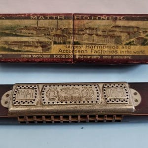 Antique M. Hohner Tremolo Harmonica Set with Original Lithograph Box, Made in Germany Circa 1900 - 1893 Chicago & 1900 Paris