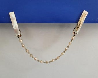Vintage 1950's Sweater Guard Cardigan Clip, Fish Gold Tone Mother of Pearl and Faux Pearl