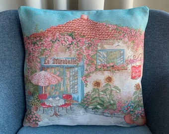 Vintage Style Tapestry Cushion Cover: French Cafe Scene (17")