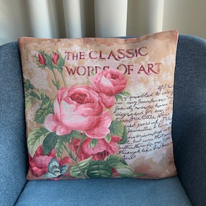 Vintage Floral Tapestry Cushion Cover – Roses & Script, 17&quot; Square