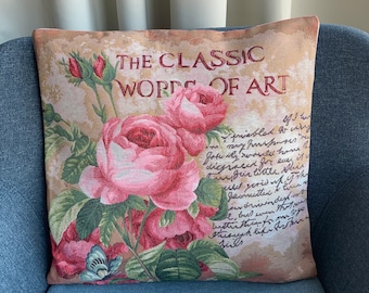 Vintage Floral Tapestry Cushion Cover – Roses & Script, 17" Square