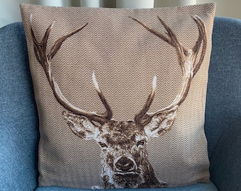 Vintage Style Tapestry Cushion Cover: Stag Deer Pillow, 17" Square