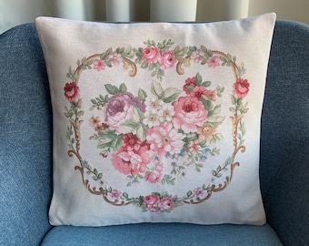 Floral Tapestry Cushion Cover: Vintage Style Pillow (cream), 17" Square