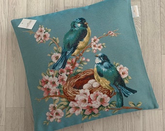 Vintage Style Tapestry Cushion Cover: Birds and Nest, 17" Square