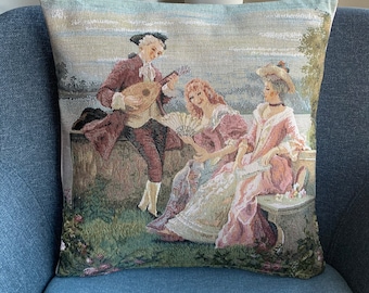 Vintage Tapestry Cushion Cover: 17" Rococo Style Pillow