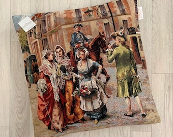 Vintage Style Tapestry Cushion Cover: 17" Square Pillow