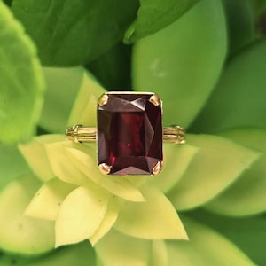 May include: A gold ring featuring a large, rectangular, deep red gemstone. The ring's band is also gold, with decorative detailing on the sides. The gemstone is the focal point, set against a backdrop of green and yellow foliage.