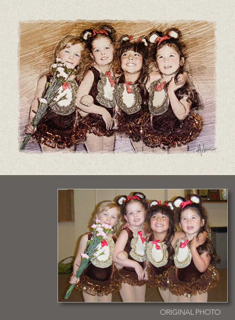 Art From Photo Watercolor Ballerina. Pencil Sketch Pastels Portrait: Dance Recital Custom Art Children Sisters Personalized Drawing