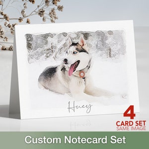 Retrato de animal de estimação personalizado: Ideia de cartão personalizado a partir da sua foto - Cartões artesanais criados em aquarela para retratos de família. Conjunto de 4 cartões.