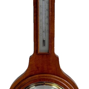 May include: A wooden barometer with a thermometer and a dial indicating weather conditions. The thermometer displays Fahrenheit readings. The barometer dial reads "Rain", "Change", and "Fair". The brand name "Jason" is visible.