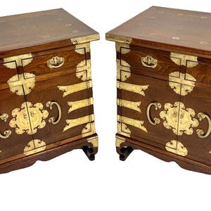 Early 20th-C Tansu Elm Wood and Brass Nightstand / Side Table, a Pair