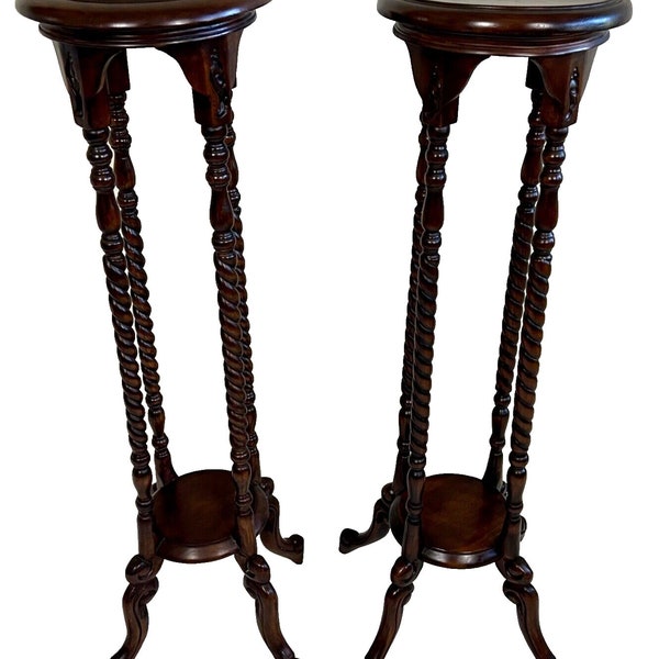 Mid Century Mahogany Barley Twist Tiered Tall Pedestal Stand Table, a Pair