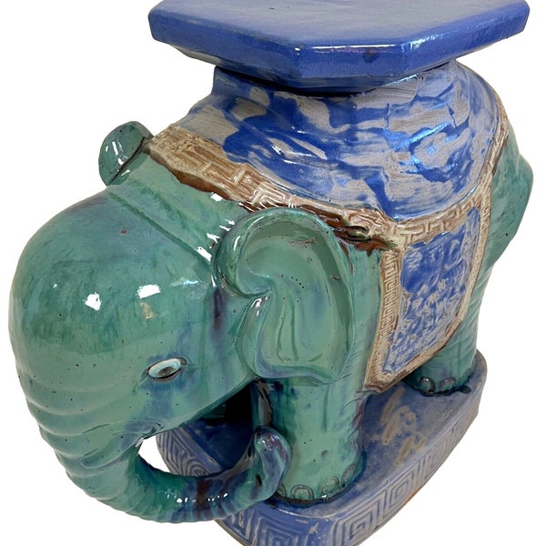 Italian Terracotta Hollywood Regency Teal Elephant Plant Stand / Side Table