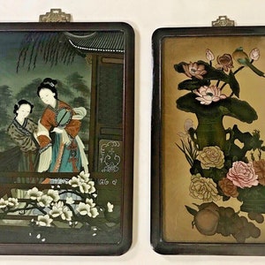 Chinese Reverse Glass Hand Painting Pair Ladies in Balcony & Floral w/ Bird Scenes