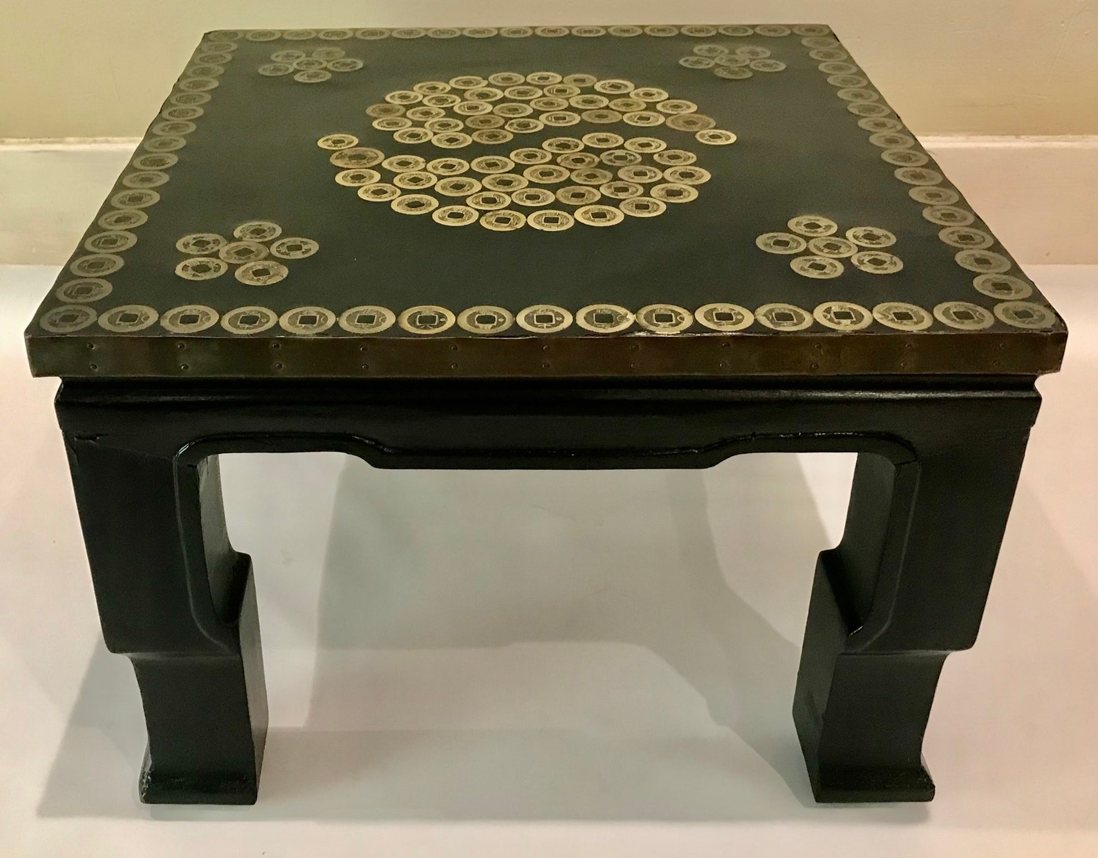 Asian Bronze Coin Mid Century Modern Side Table Black Etsy