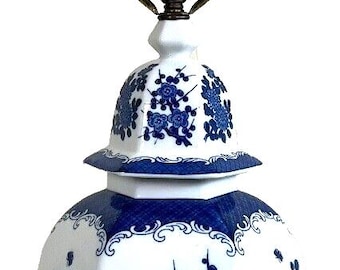 1960s Wildwood Blue and White Porcelain Hexagonal Floral Lamp 35"