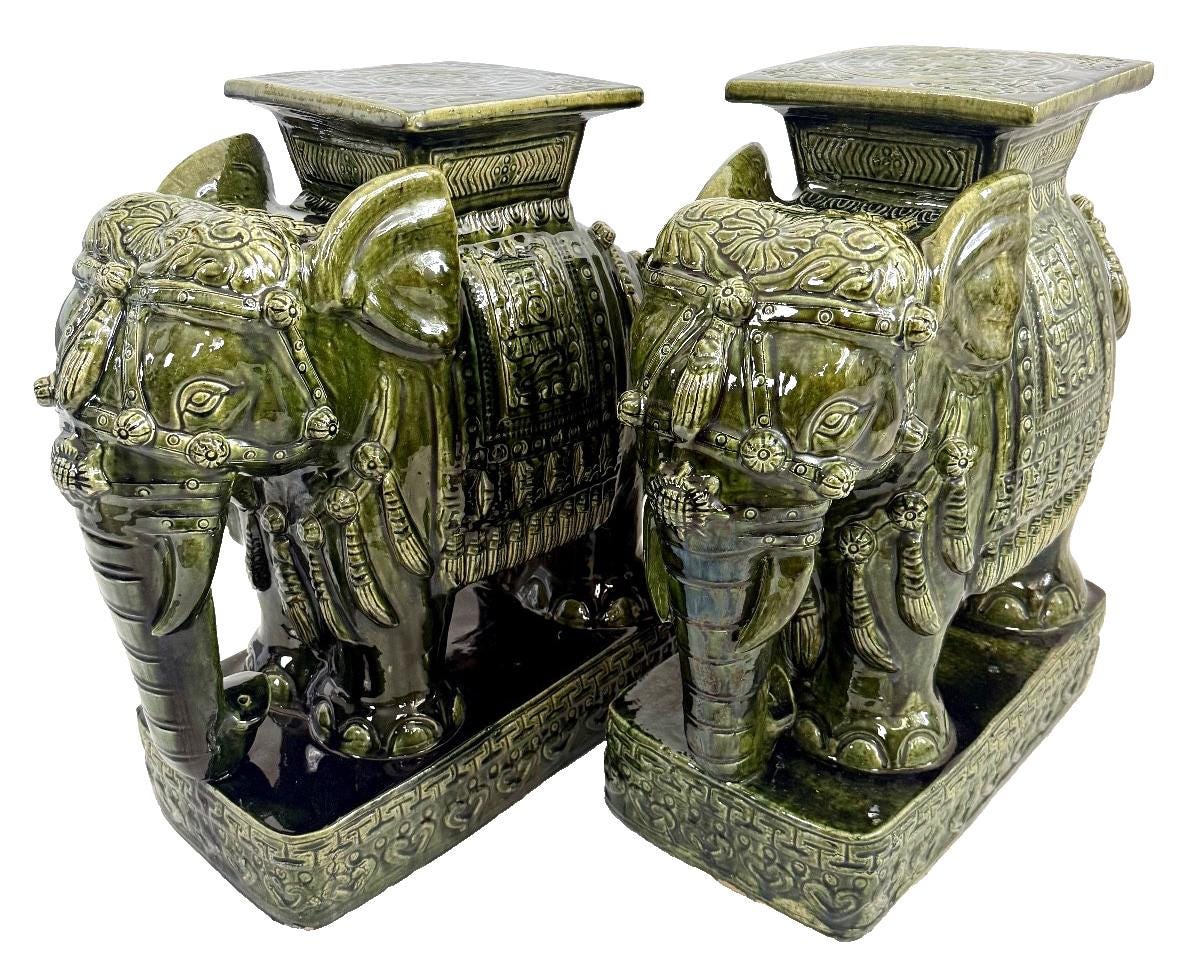 Large Ceramic Emerald Green Hollywood Regency Elephant Plant Stand